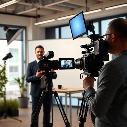 Ejecutivos participando en una grabación de video corporativo.